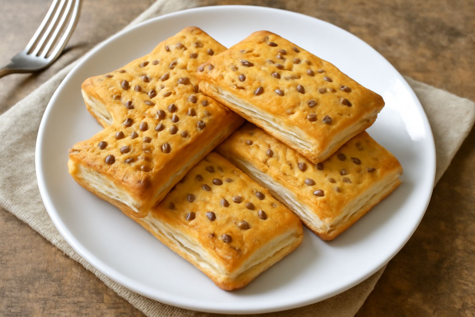 Papassini allineati su carta da forno, biscotti color nocciola chiaro, dalla forma leggermente obliqua, con superficie punteggiata di semi di anice, sfondo neutro bianco