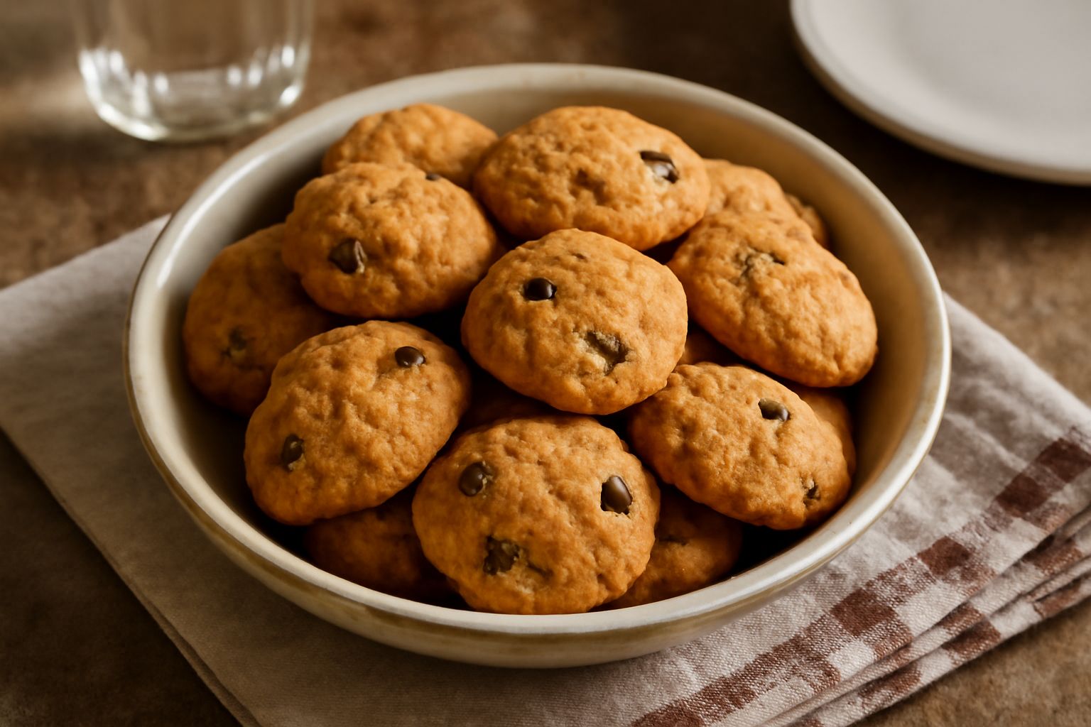 Papassini dolci color oro arrangiati su un piatto bianco, biscotti croccanti e friabili con superficie irregolare, accanto una tazza di latte.