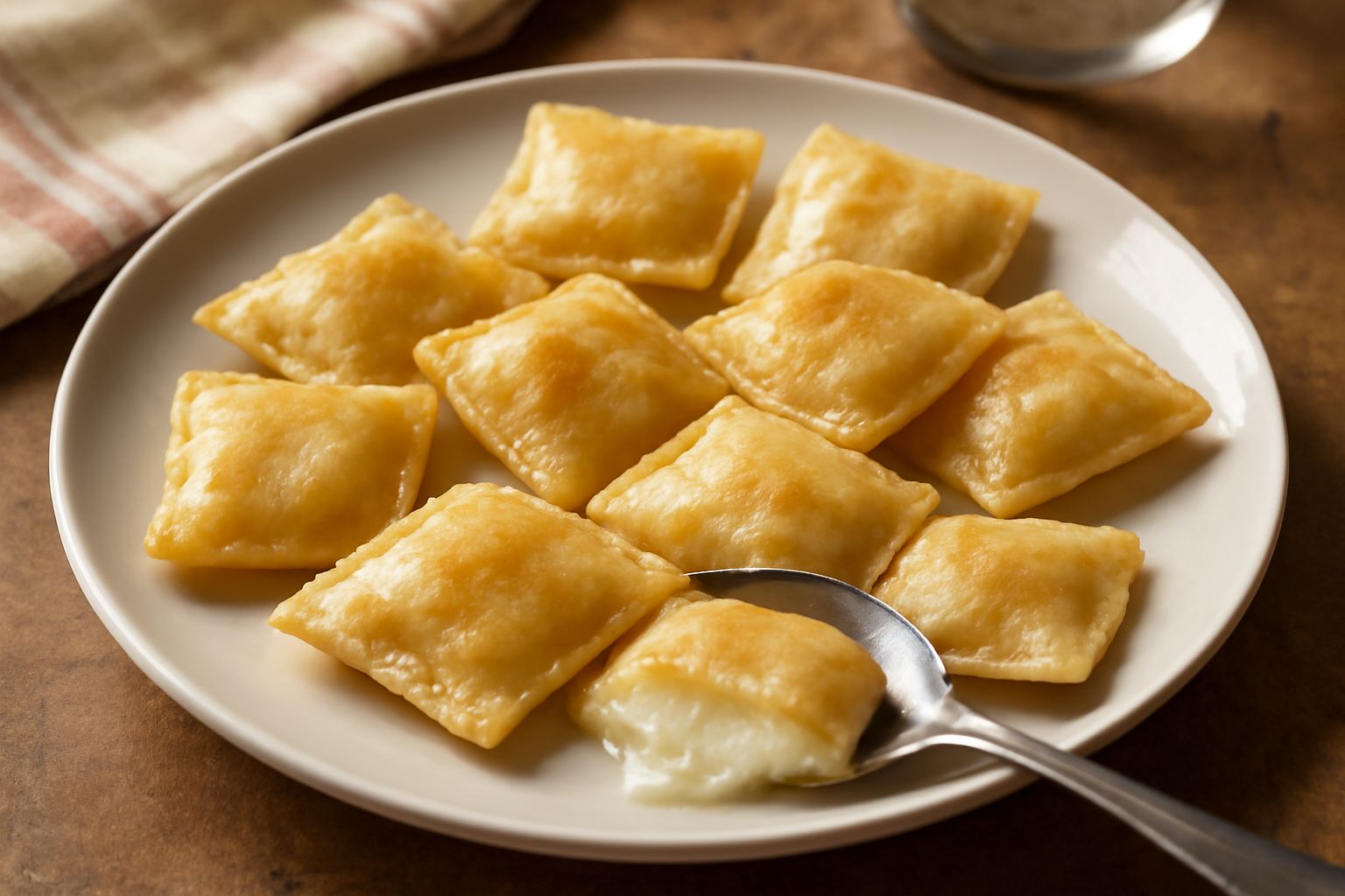 Papassini conditi con salsa di burro e salvia, posti su piatto bianco, ricoperti leggermente di formaggio grattugiato, con foglie di salvia fresca accanto