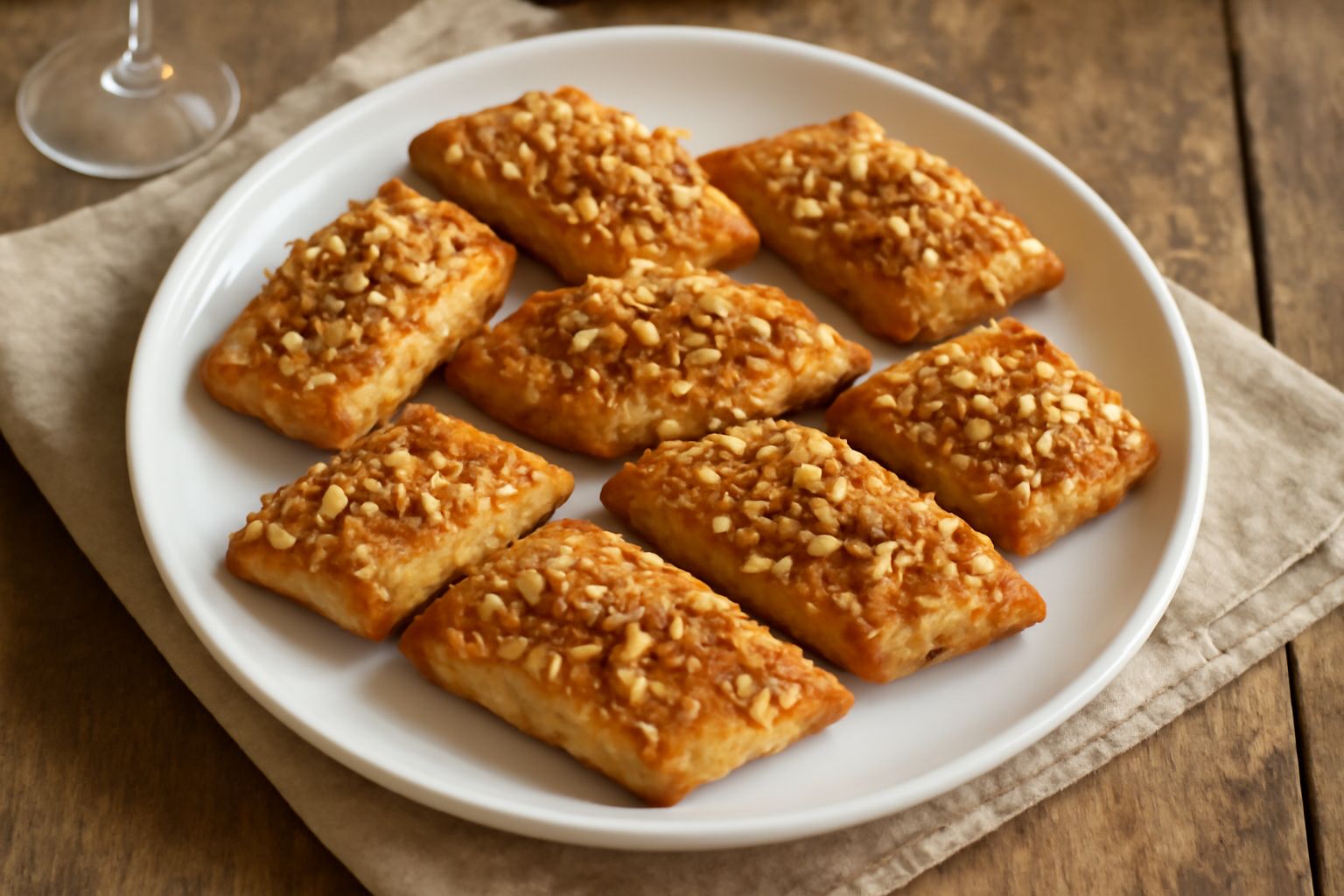 Papassinos dorati ammucchiati in un piatto, ricoperti di noci macinate, con gocce di miele che brillano al centro e un bicchiere d'acqua cristallina sullo sfondo