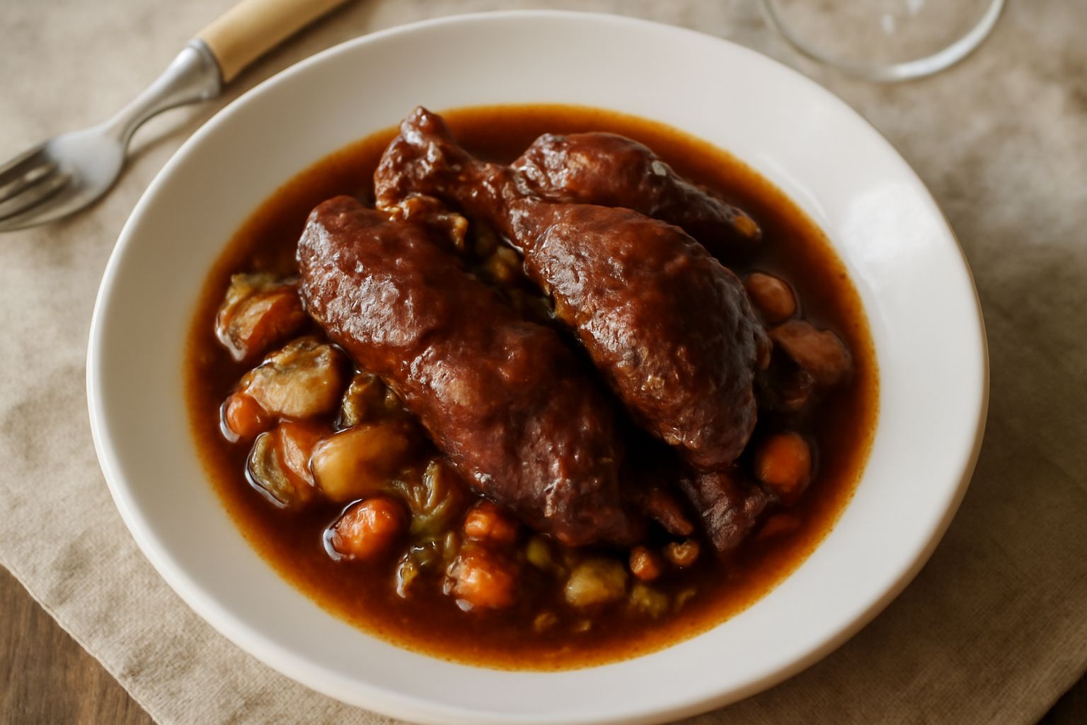 Papero in umido servito in piatto bianco fondo, con pezzi di carne scura circondati da salsa densa e ricca, cipolla caramellata, carota e sedano visibili, pane tostato accanto