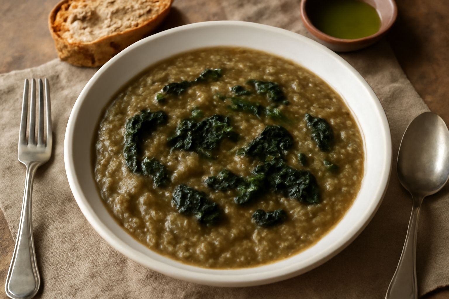 Papolata toscana in ciotola di ceramica bianca, zuppa densa marrone-verde con cavolo nero visibile, pane sciolto, filo di olio d'oliva in superficie, pane tostato accanto