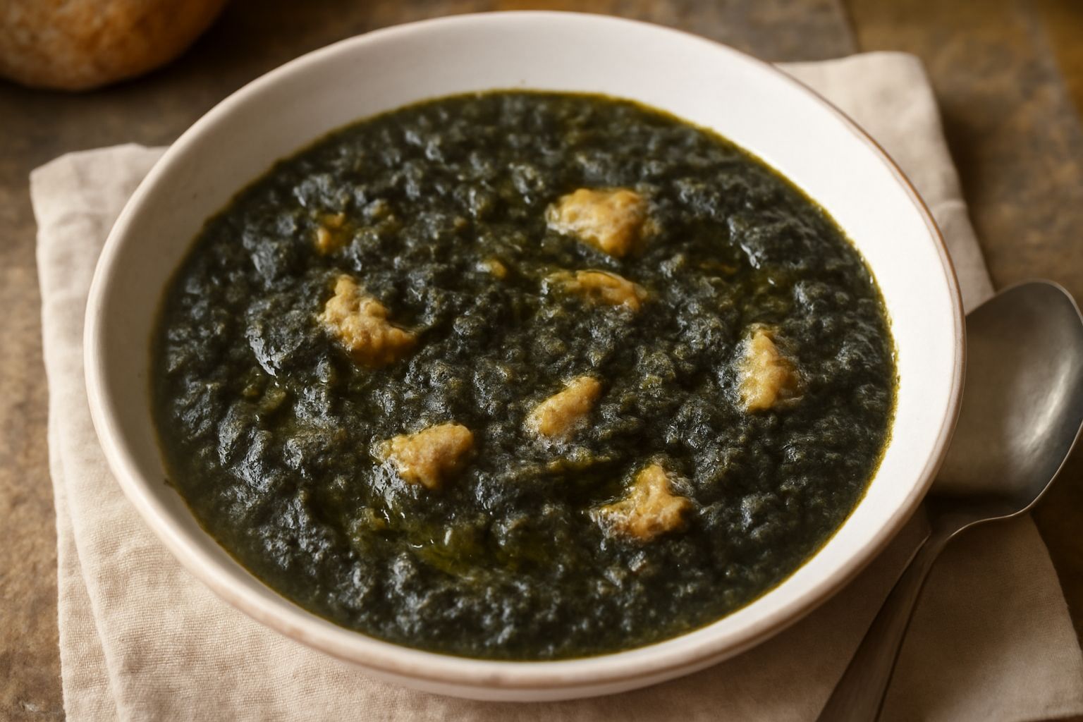 Una ciotola di ceramica bianca con pappa al cavolo cremosa di colore verde scuro, cosparsa di olio extravergine, con fette di pane tostato ai lati e un cucchiaio di metallo dentro il piatto