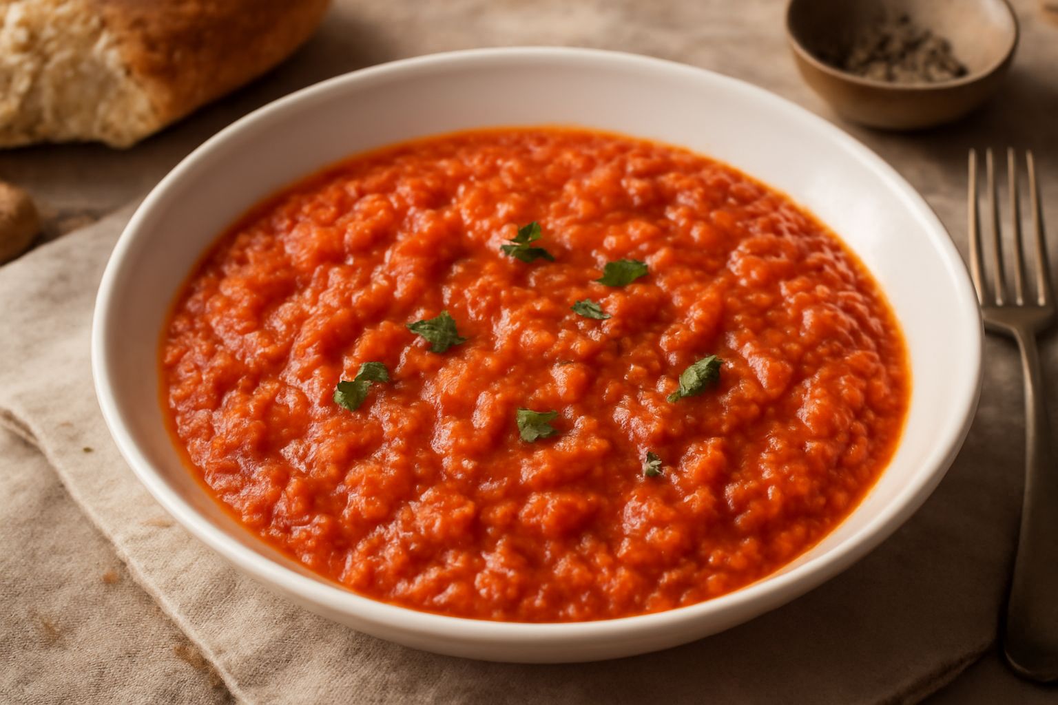 Ciotola di ceramica bianca con pappa al pomodoro abruzzese: pane ammollato rosso scuro, pomodori frantumiati, gocce di olio d'oliva dorato, foglia di basilico verde e fette di pane tostato ai lati, se