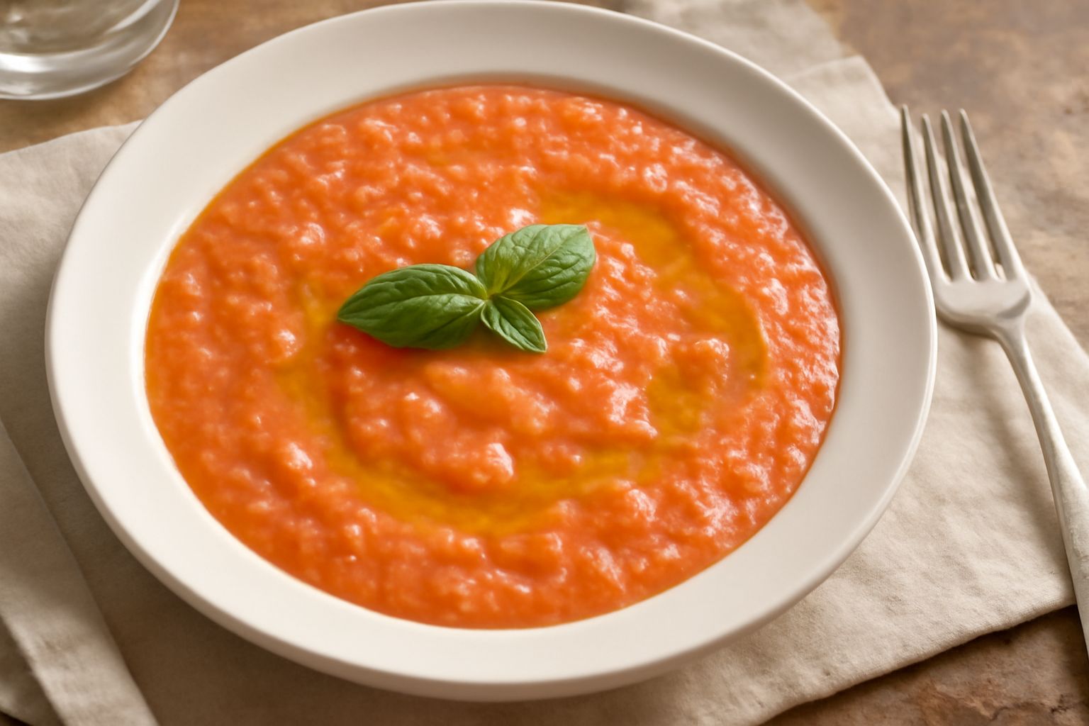 Pappa al Pomodoro alla Fermana in ciotola bianca, con consistenza cremosa color rosso chiaro, cubetti di pane morbido visibili in superficie, filo di olio extravergine, foglia di basilico fresco, piat