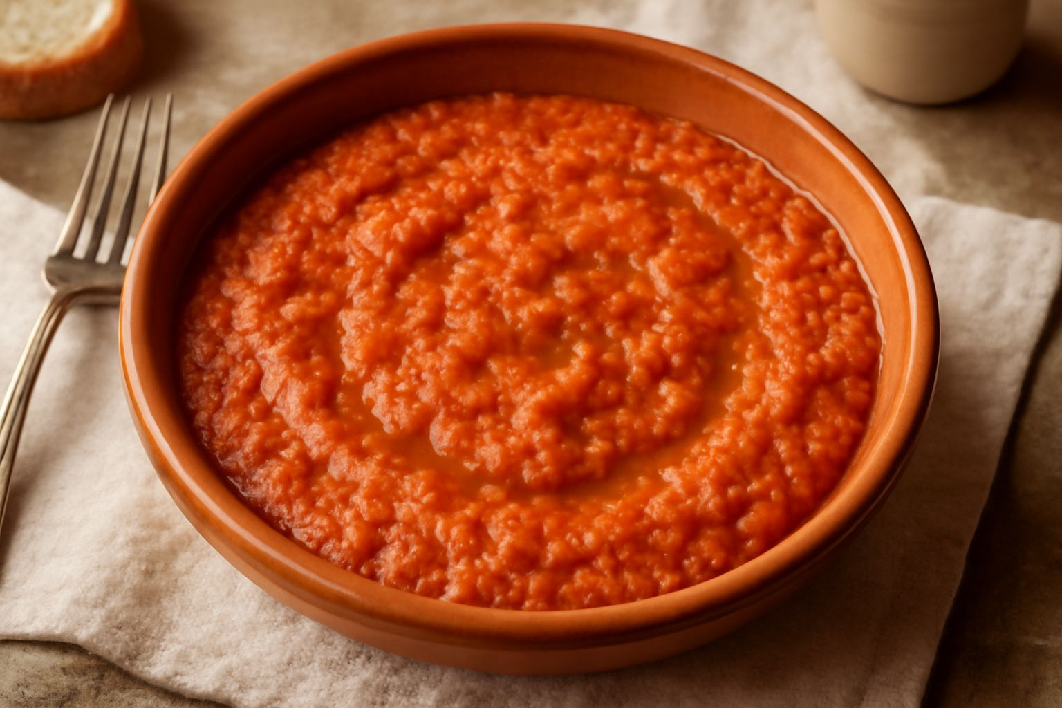 Una ciotola di terracotta con pappa al pomodoro color rosso arancio, pezzi morbidi di pane visibili, condita con olio verde scuro, servita con una fetta di pane tostato sul bordo