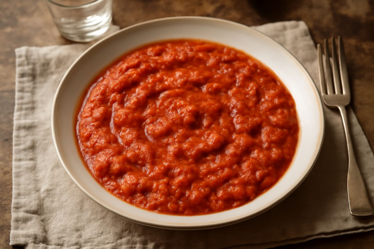 Una ciotola bianca con pappa al pomodoro aquilana cremosa e rossa, guarnita con basilico fresco e filo d'olio d'oliva, posta su un tavolo di legno scuro