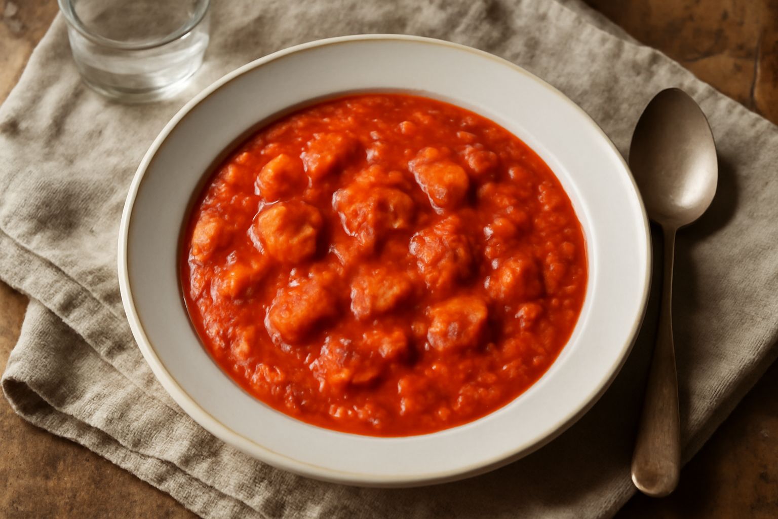 Una ciotola di pappa al pomodoro bergamasca con briciole di pane dorato, salsa rossa liscia e brillante, foglia di basilico fresco al centro, piatto bianco fondo scuro tavolo di legno
