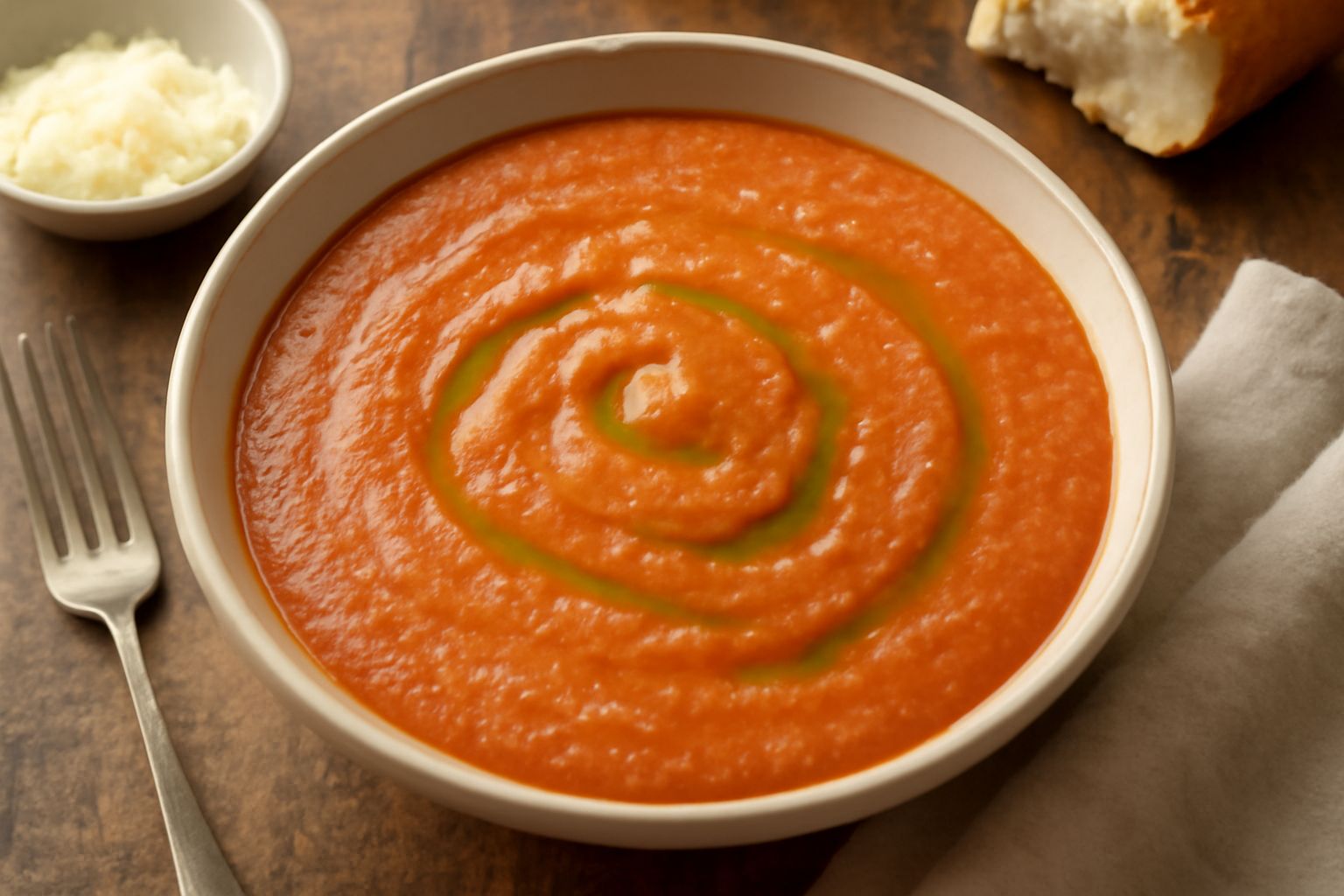 Una ciotola bianca con pappa al pomodoro bolognese cremosa di colore rosso-arancio, con filo di olio d'oliva verde sulla superficie, accompagnata da cucchiaio in acciaio e pezzetti di pane tostato a l