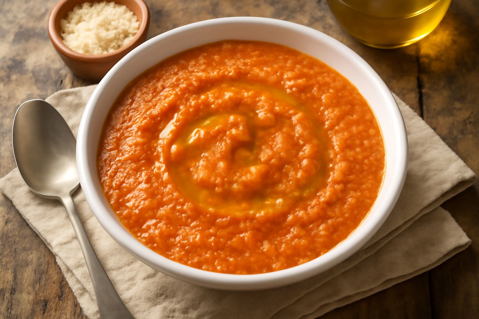 Una ciotola bianca con pappa al pomodoro dal colore arancione scuro, cremosa, con un filo di olio verde oliva in superficie e fette di pane croccante accanto
