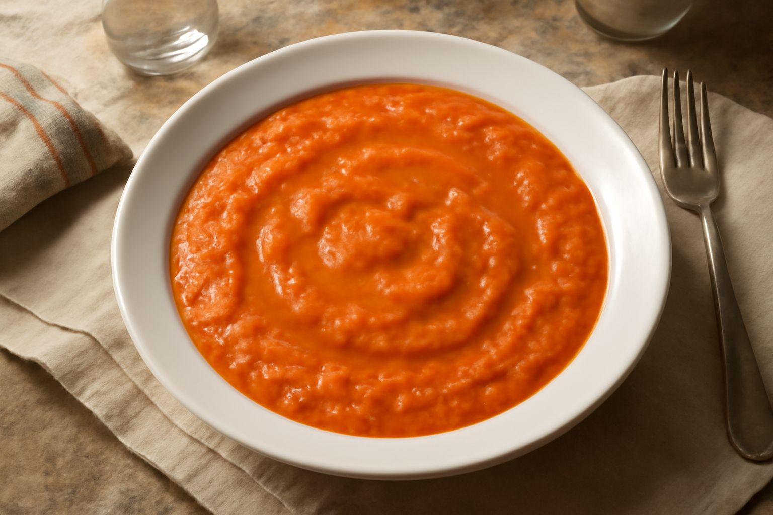 Una scodella bianca con pappa al pomodoro densa e cremosa, di colore rosso arancio, guarnita con foglia di basilico fresco e filo di olio d'oliva, circondata da fette di pane tostato e pomodori rossi 