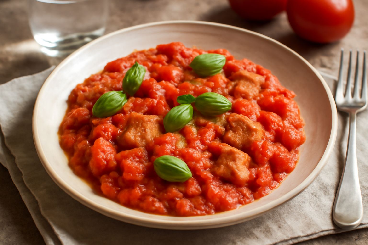 Ciotola di pappa al pomodoro fredda con pezzi di pane imbevuti di pomodoro rosso, foglie di basilico verde, filo di olio dorato su sfondo di marmo bianco