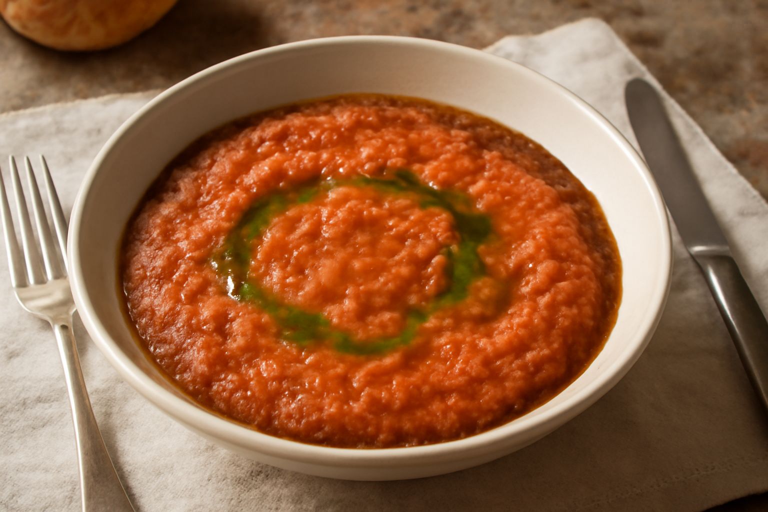Ciotola di ceramica bianca con pappa al pomodoro friulana di colore rosso corallo, cremosa, con gocce di olio verde in superficie, pane integrato nella cremosità, cucchiaio di legno appoggiato sul bor