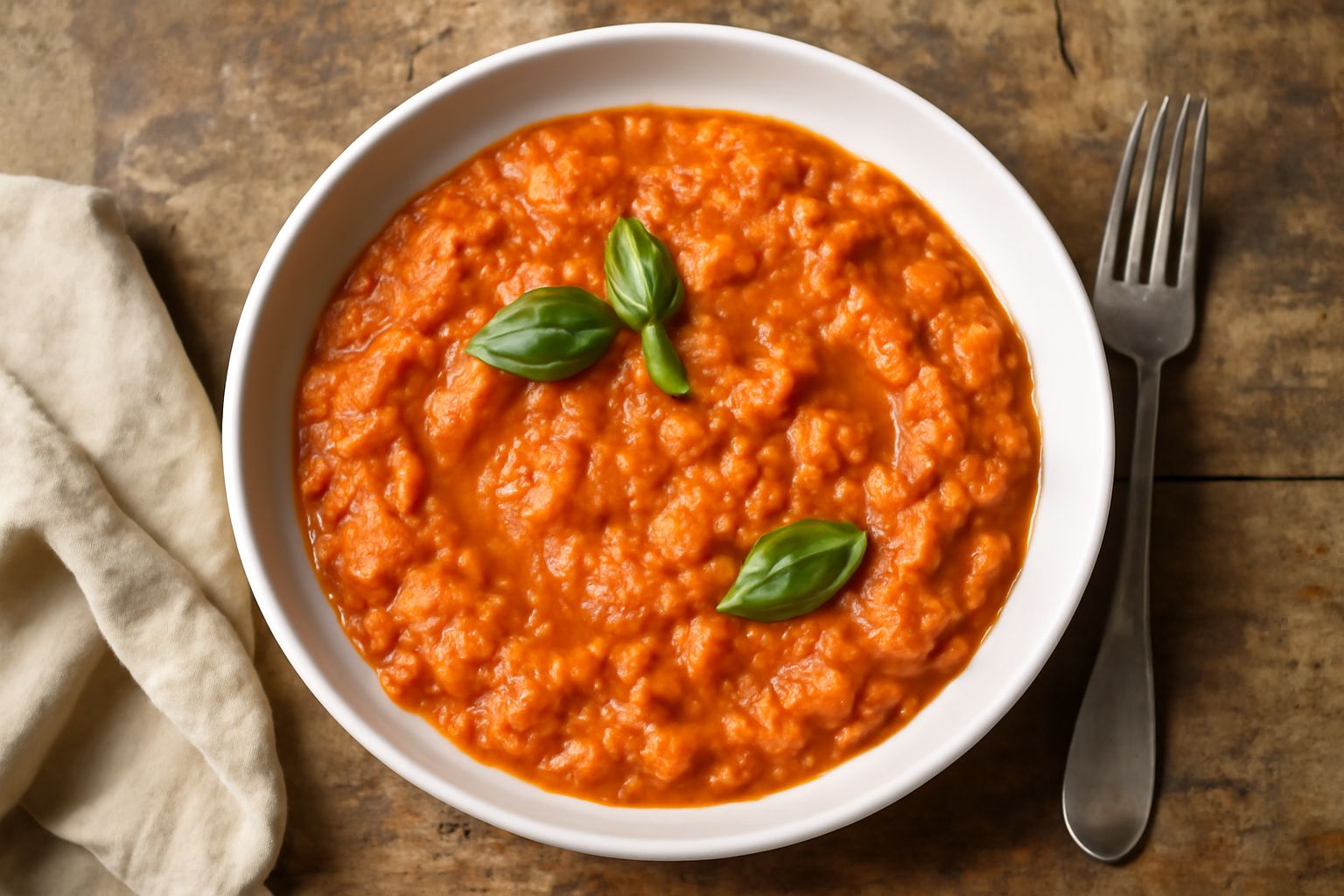 Ciotola di pappa al pomodoro rosso cremosa con foglia di basilico fresco, pane raffermo spezzettato accanto, olio extravergine d'oliva versato sopra