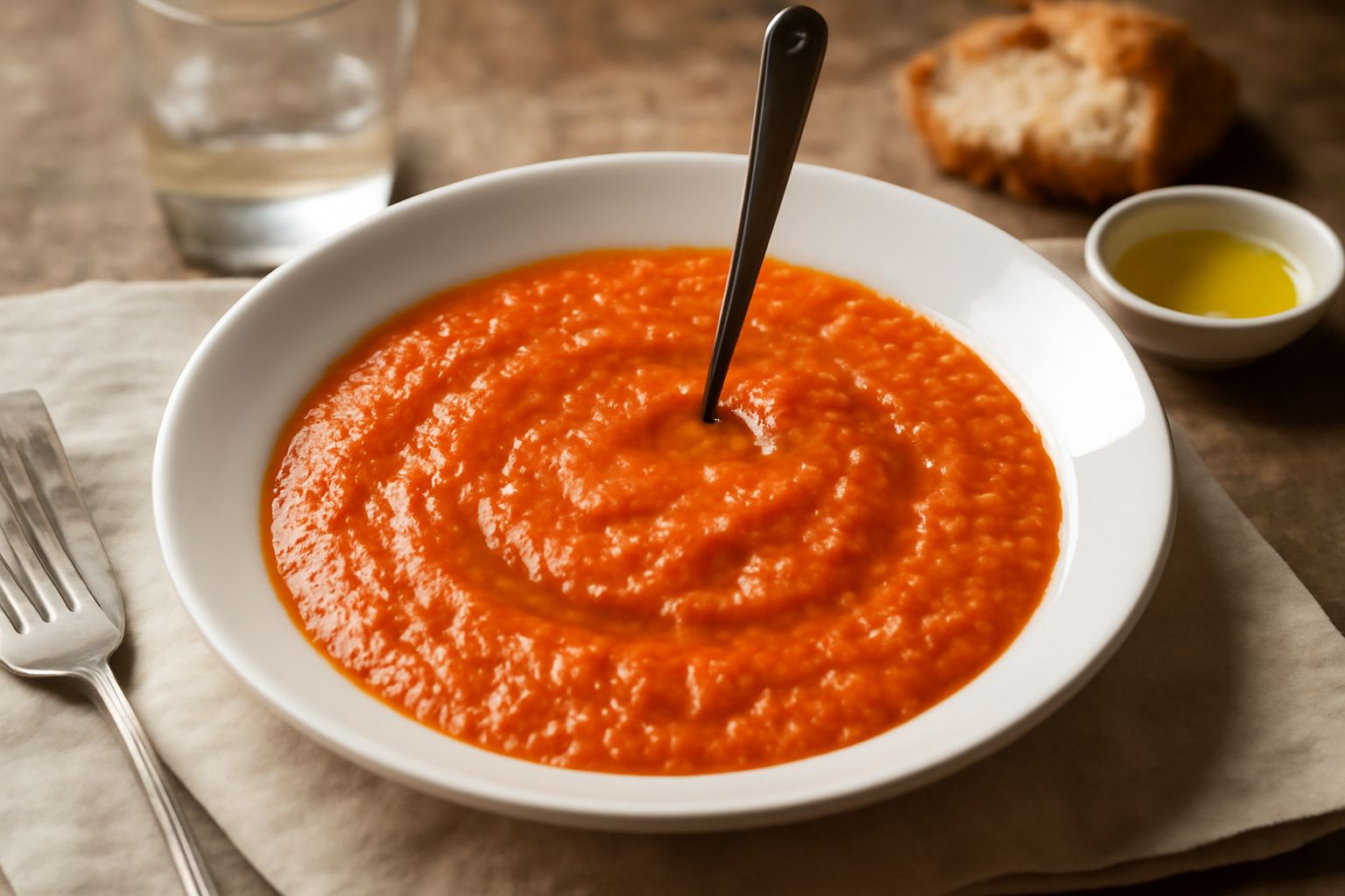Una ciotola di ceramica bianca contiene pappa al pomodoro cremosa di colore arancio-rosso, guarnita con foglie di basilico fresco verde e un filo d'olio d'oliva lucido in superficie, pane tostato gial