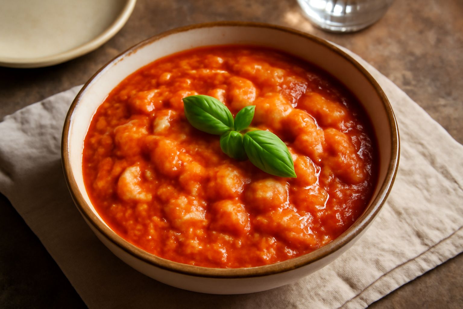 Ciotola di ceramica bianca con Pappa al Pomodoro Napoletana: minestra densa di color rosso aranciato con frammenti di pane bianco, una foglia di basilico fresco verde al centro, filo d'olio d'oliva ch
