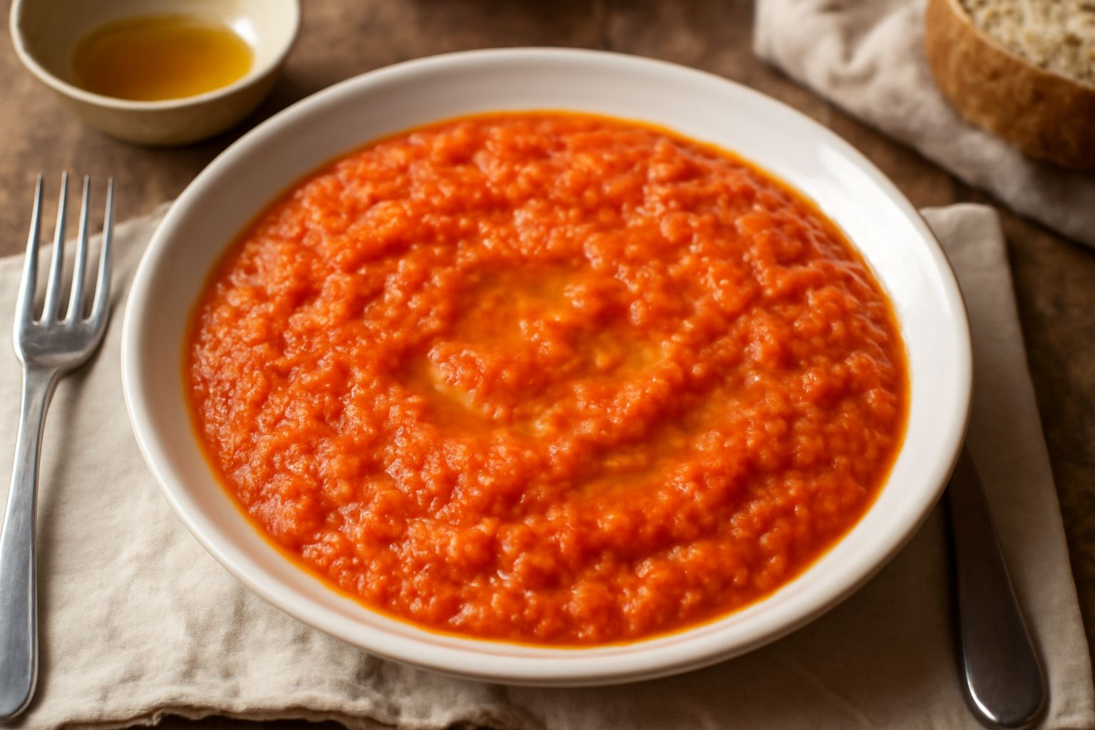 Pappa al pomodoro nuorese in una ciotola bianca, con pane sbriciolato morbido immerso in salsa rossa densa, un filo di olio verde in superficie, foglie di basilico fresche, fondo bianco