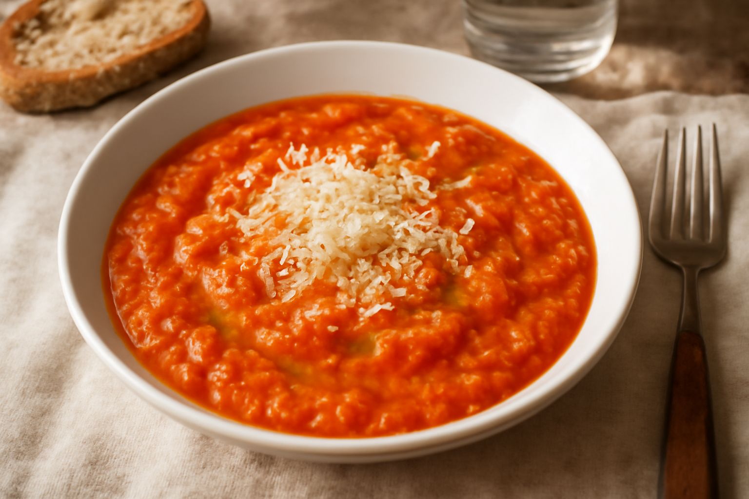 Ciotola di pappa al pomodoro parmigiana color rosso-arancio, cremosa, con scaglie di parmigiano dorato in superficie e filo d'olio extravergine, contorno di pane tostato