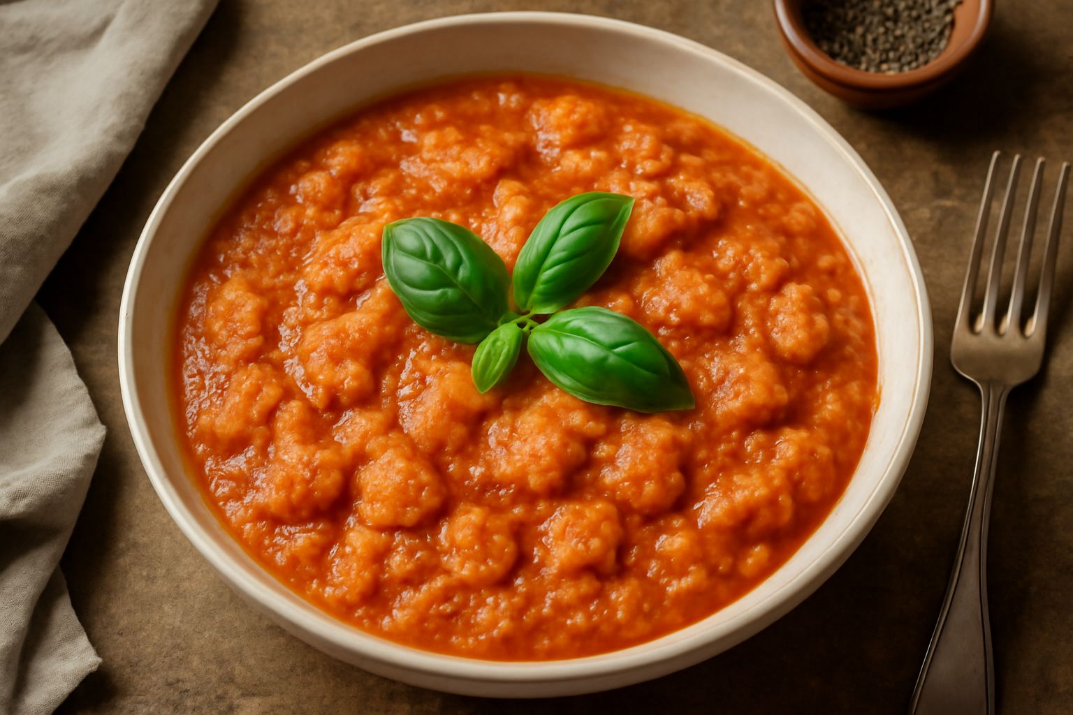 Ciotola di ceramica beige con pappa al pomodoro, consistenza pastosa di colore rosso arancione, guarnita con basilico fresco verde e filo di olio d'oliva dorato in superficie, pezzi di pane integrato 