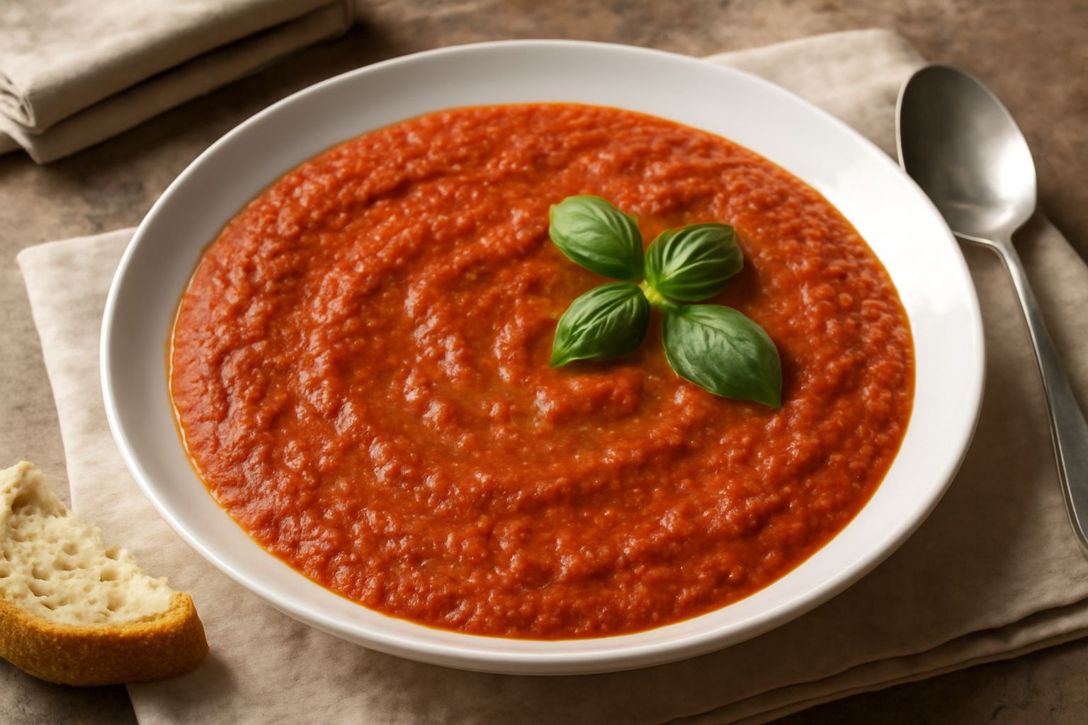 Una ciotola di pappa al pomodoro color rosso mattone, cremosa e uniforme, con fili di olio verde in superficie, pezzetti di pane affondati nel sugo, servita in un piatto fondo bianco