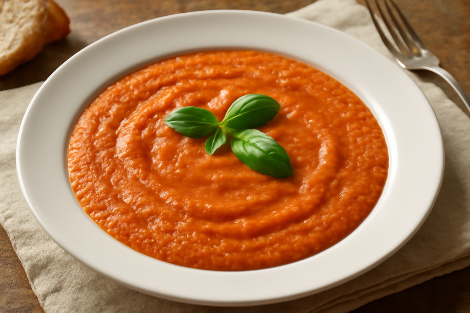 Una ciotola bianca con pappa al pomodoro dal colore rosso-arancio uniforme, ondulato in superficie, con qualche foglia di basilico fresco verde e un filo d'olio d'oliva lucido in cima