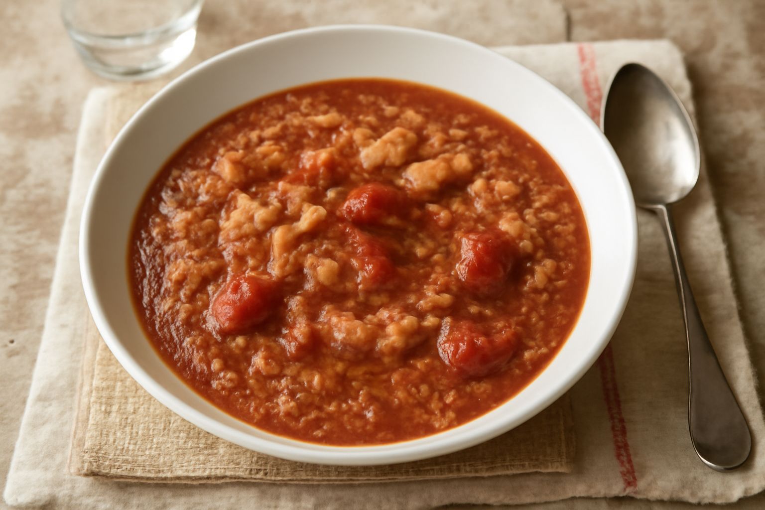 Ciotola di ceramica bianca con pappa al pomodoro umida, pomodori rossi visibili nella pasta, spruzzata di olio d'oliva verde scuro, fette di pane tostato ai lati del piatto, seduta su tavolo di legno 