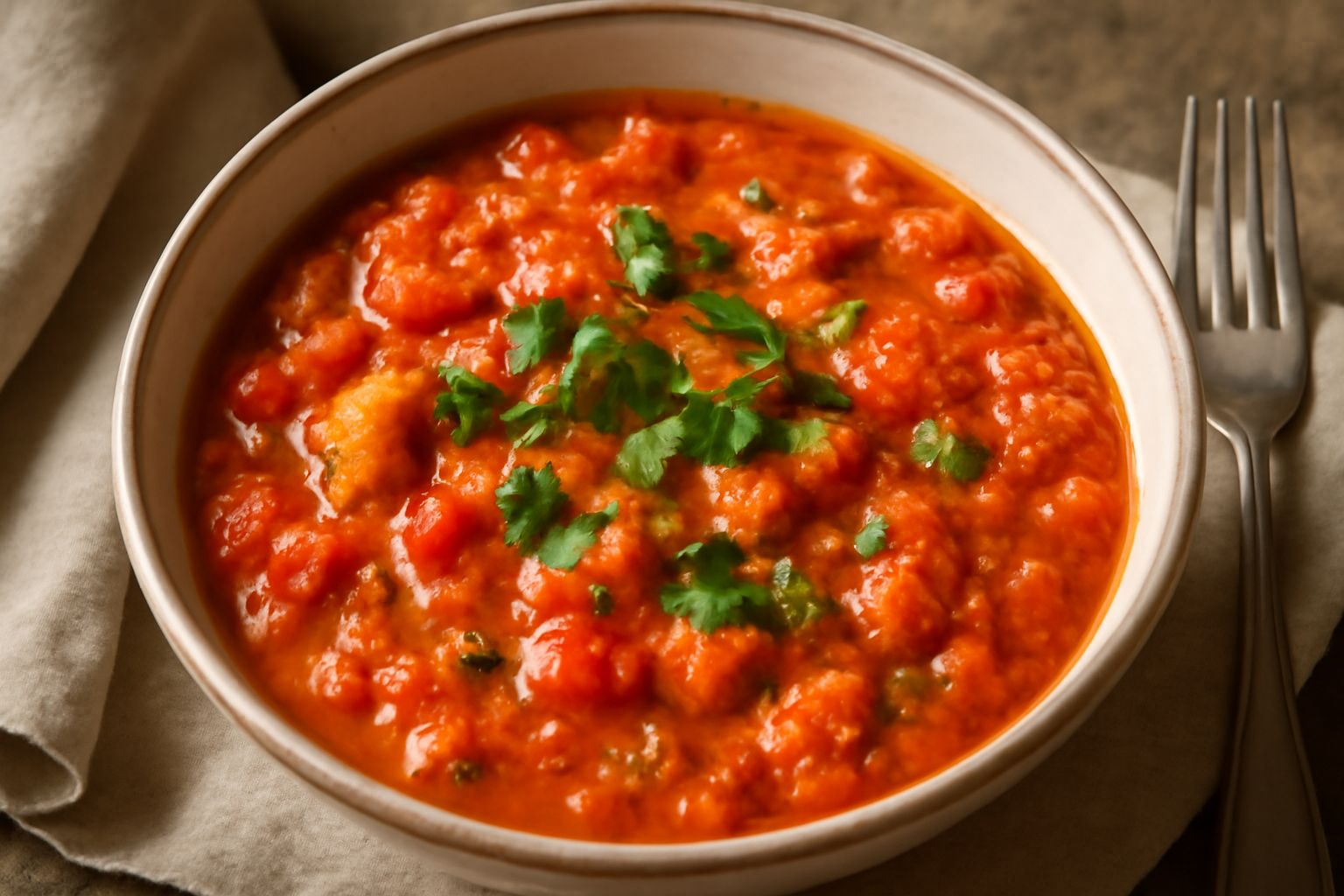 Pappa al pomodoro in una ciotola bianca, con pomodori rossi a pezzi, mollica di pane morbida, verdure verdi di sedano e prezzemolo fresco in cima, olio verde sul fondo