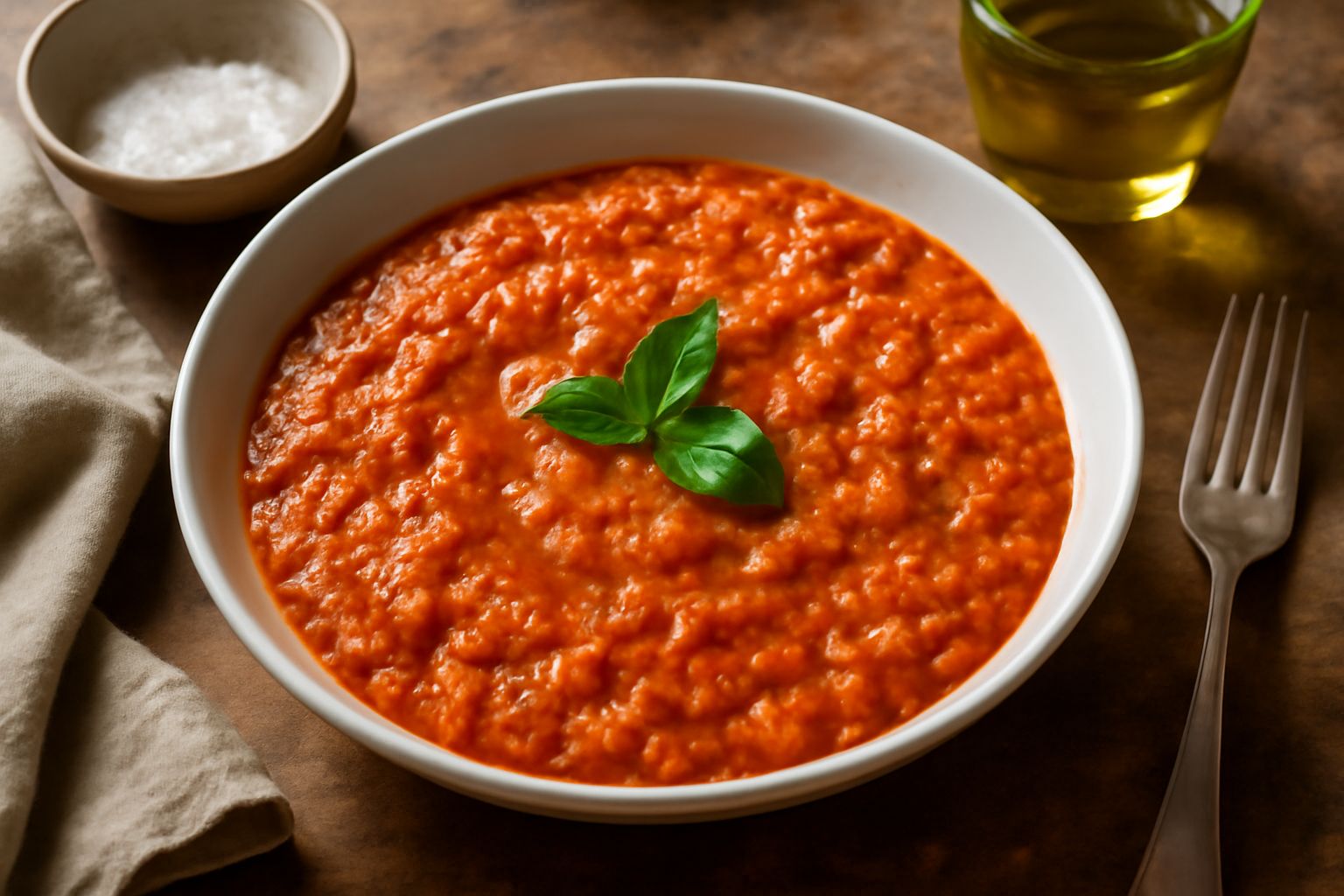 Pappa al pomodoro veneta servita in un piatto fondo bianco, con consistenza cremosa e compatta, colore rosso acceso del pomodoro, briciole dorate di pane, filo d'olio verde in superficie e foglia di b