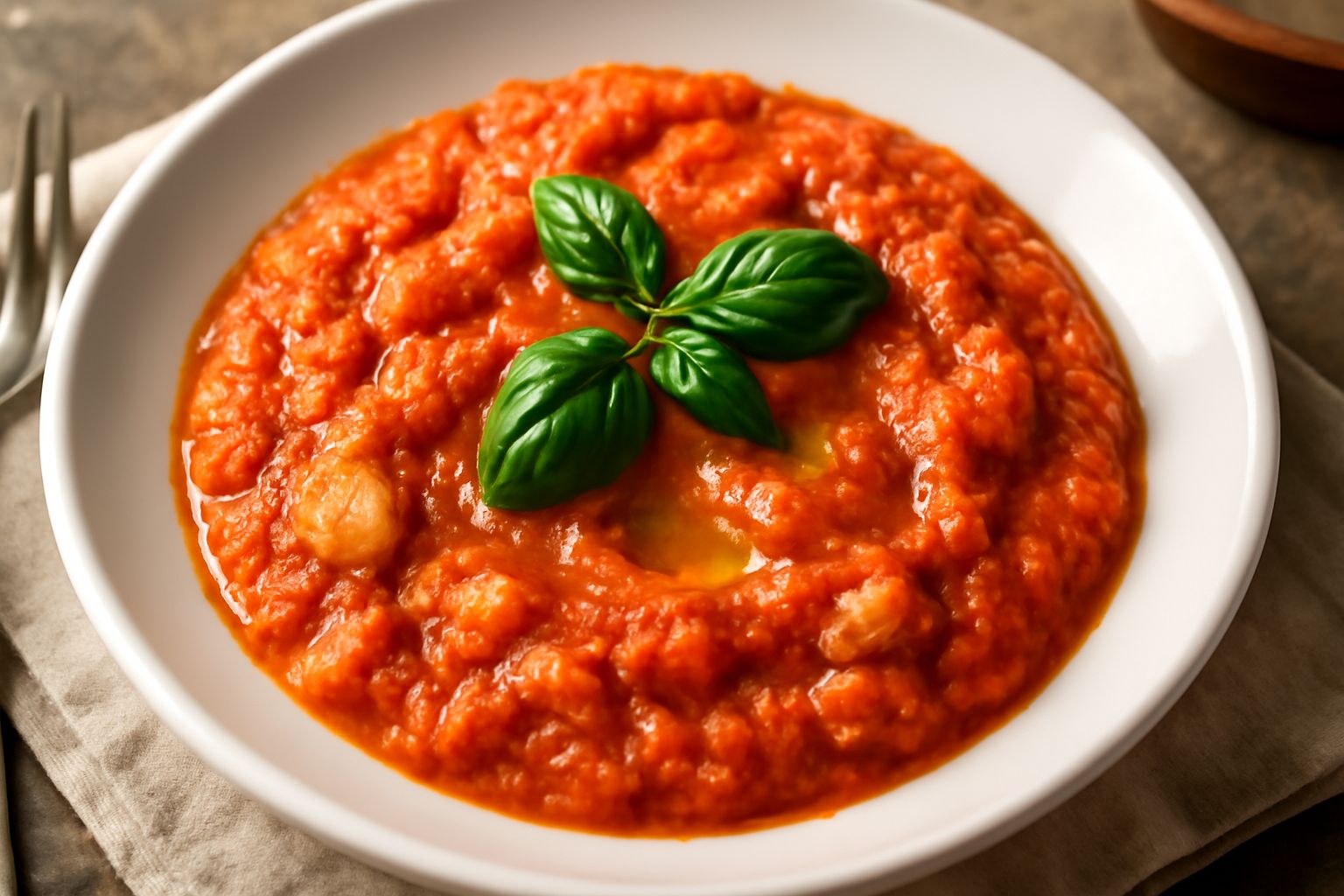 Pappa ca' pomodoro in ciotola di ceramica bianca: brodetto rosso denso con pezzi morbidi di pane, basil verde fresco e filo d'olio verde sulla superficie