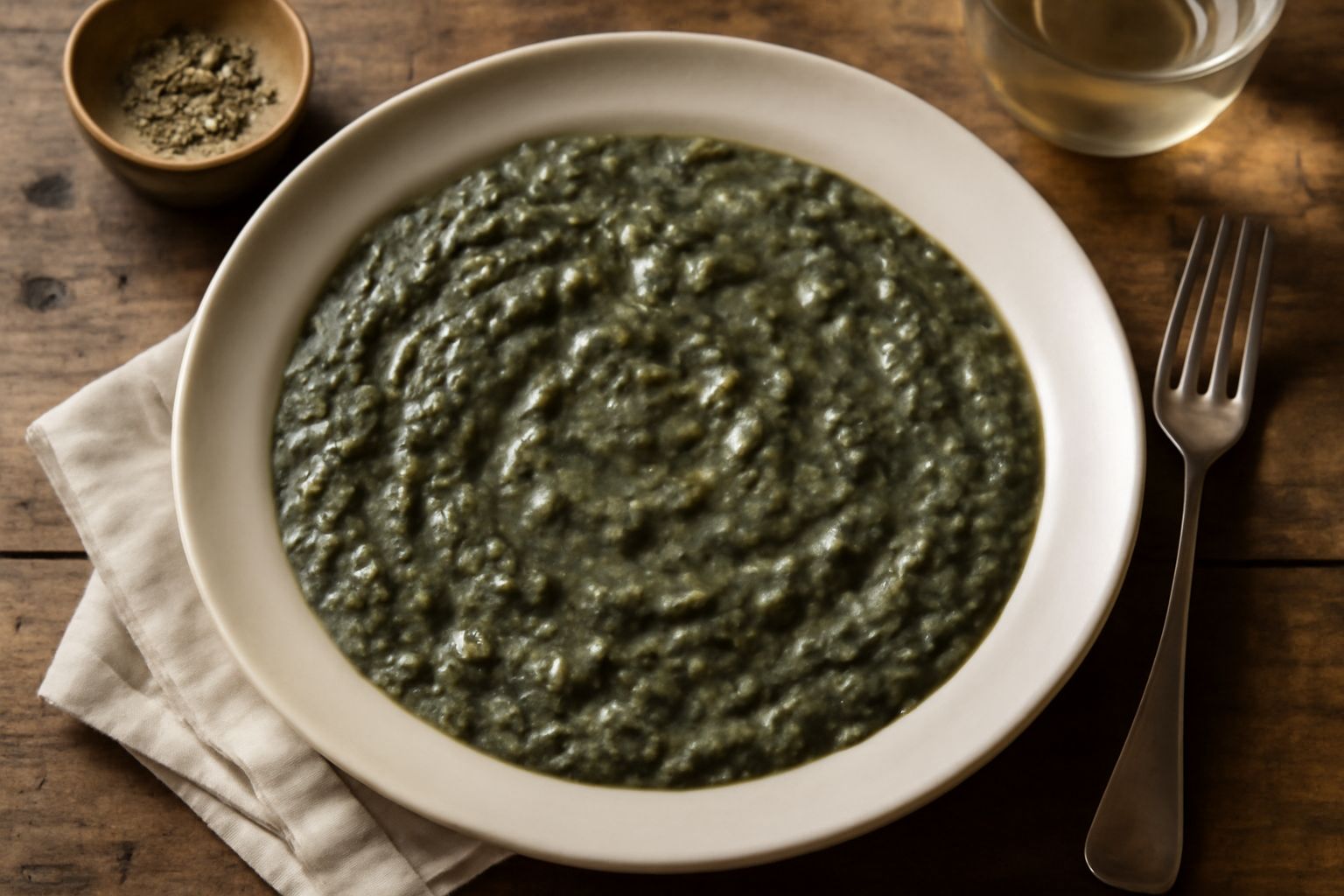 Una ciotola di pappa col cavolo nero cremosa di colore grigio-verde, con cavolo nero visibile in superficie, olio d'oliva fresco versato sopra e pane tostato accanto sulla tavola di legno scuro