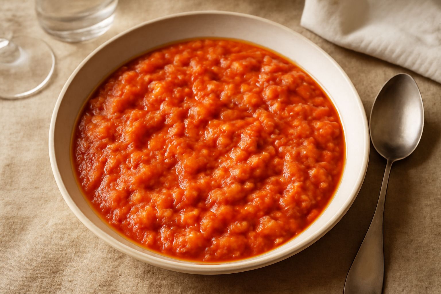 Una ciotola di ceramica bianca con pappa col pomodoro modenese: miscuglio cremoso rosso e arancio, pezzi di pane morbido, foglie di basilico fresco verde in cima, olio d'oliva lucido, tavolo di legno 