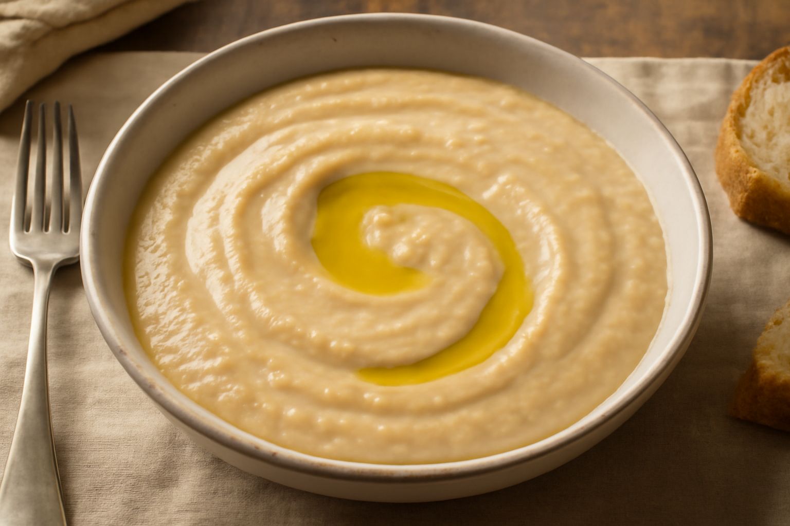 Ciotola di pappa di ceci beige cremosa con un filo d'olio d'oliva verde al centro, pane tostato a fette su un piattino di ceramica bianca, aglio e peperoncino secco accanto
