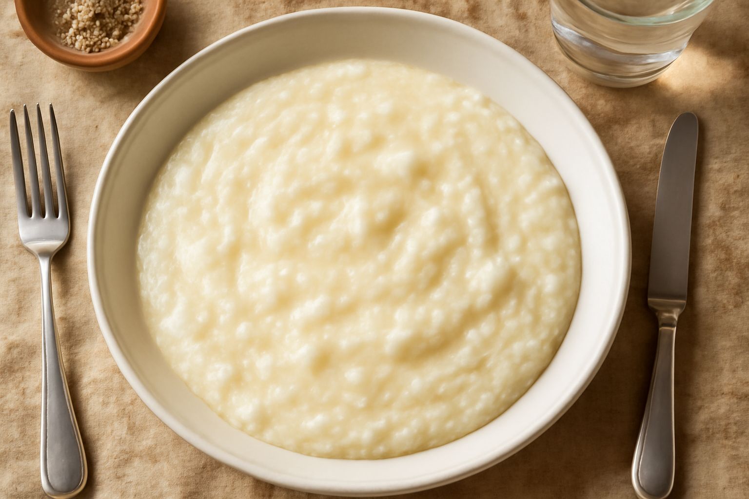 Pappa di farina bianca cremosa servita in una ciotola di ceramica, con un filo di olio d'oliva dorato sulla superficie e un cucchiaio in acciaio posato accanto