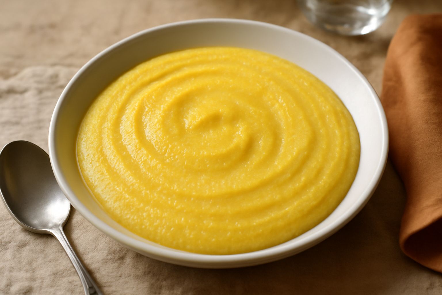 Una scodella bianca con pappa di farina di granturco color giallo burro, cremosa e liscia, con un filo di olio d'oliva dorato in superficie, servita con cucchiaio di legno