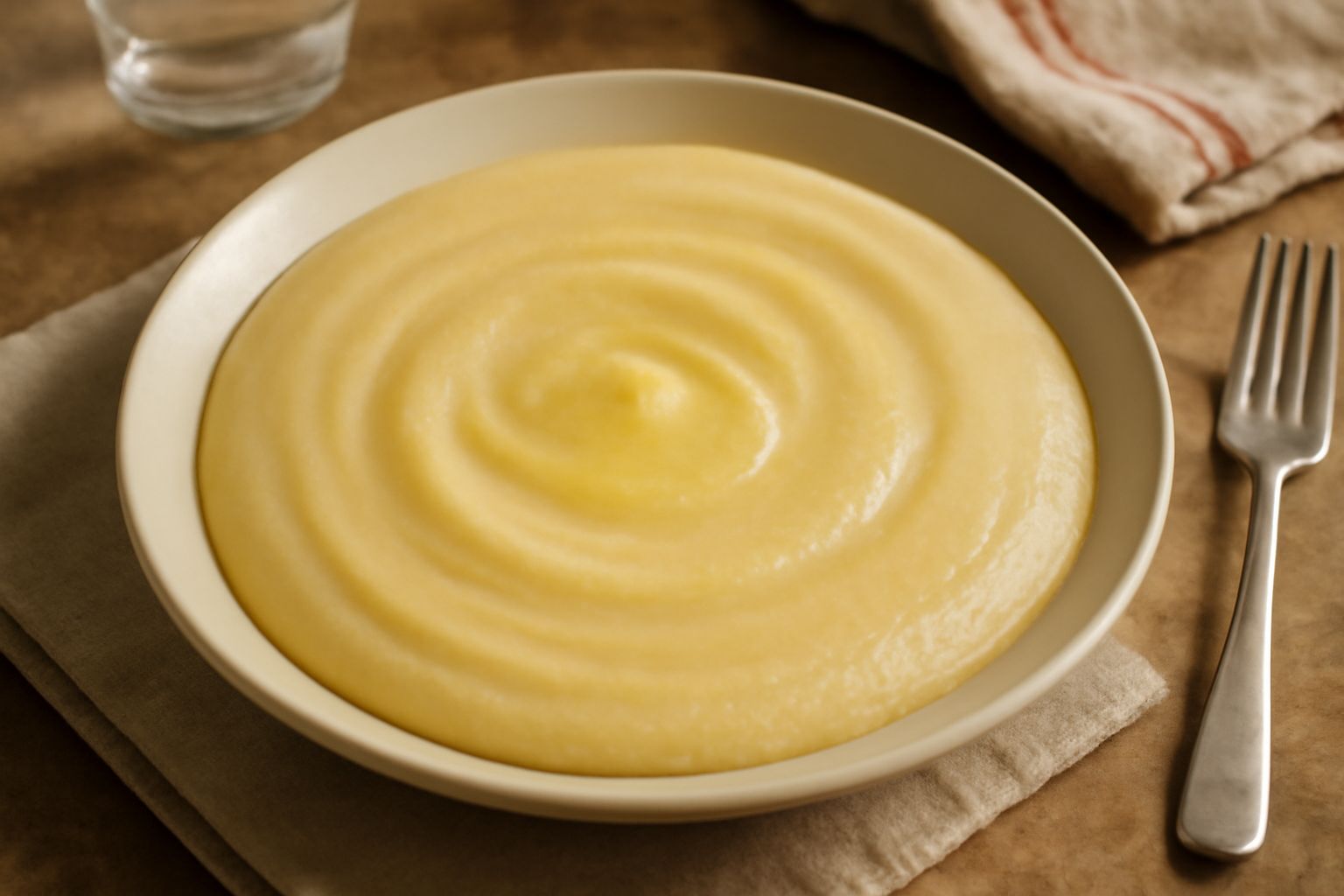 Una ciotola bianca con pappa di farina di mais color giallo-oro, cremosa e uniforme, condita con burro fuso in superficie e un filo di olio extra vergine, su tavolo di legno grigio
