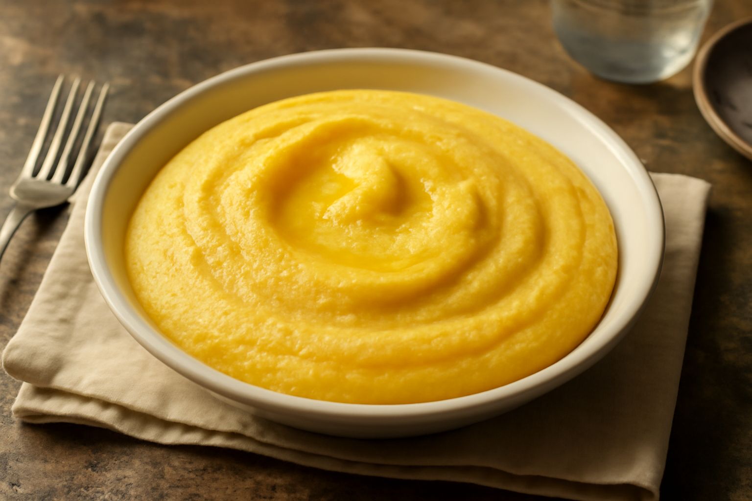 Una ciotola bianca colma di pappa di farina gialla color oro cremosa, servita con un cucchiaio di legno, con piccoli pezzi di burro sciolto in superficie e una leggera spolverata di pepe nero.