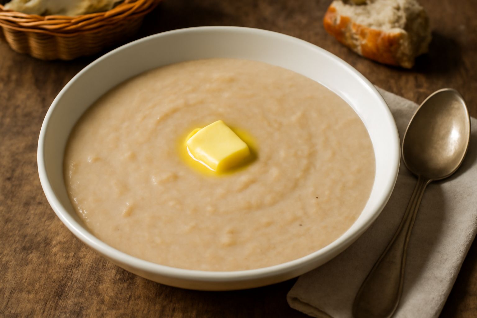 Pappa di latte e pane in un piatto fondo bianco, cremosa e beige chiaro, con un piccolo fiocco di burro in superficie e qualche briciola di pane dorato sparsa in alto