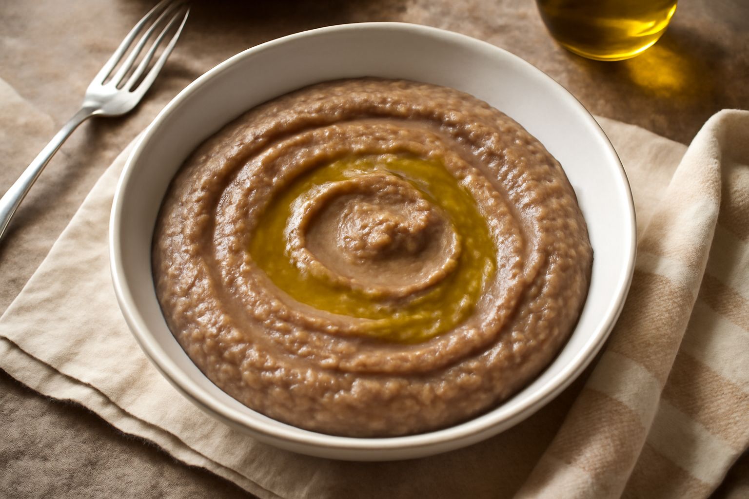 Una ciotola bianca colma di pappa di legumi color marrone scuro, liscia e cremosa, con un filo di olio d'oliva verde in superficie e una spolverata di pepe nero, contorno di pane tostato su un piatto