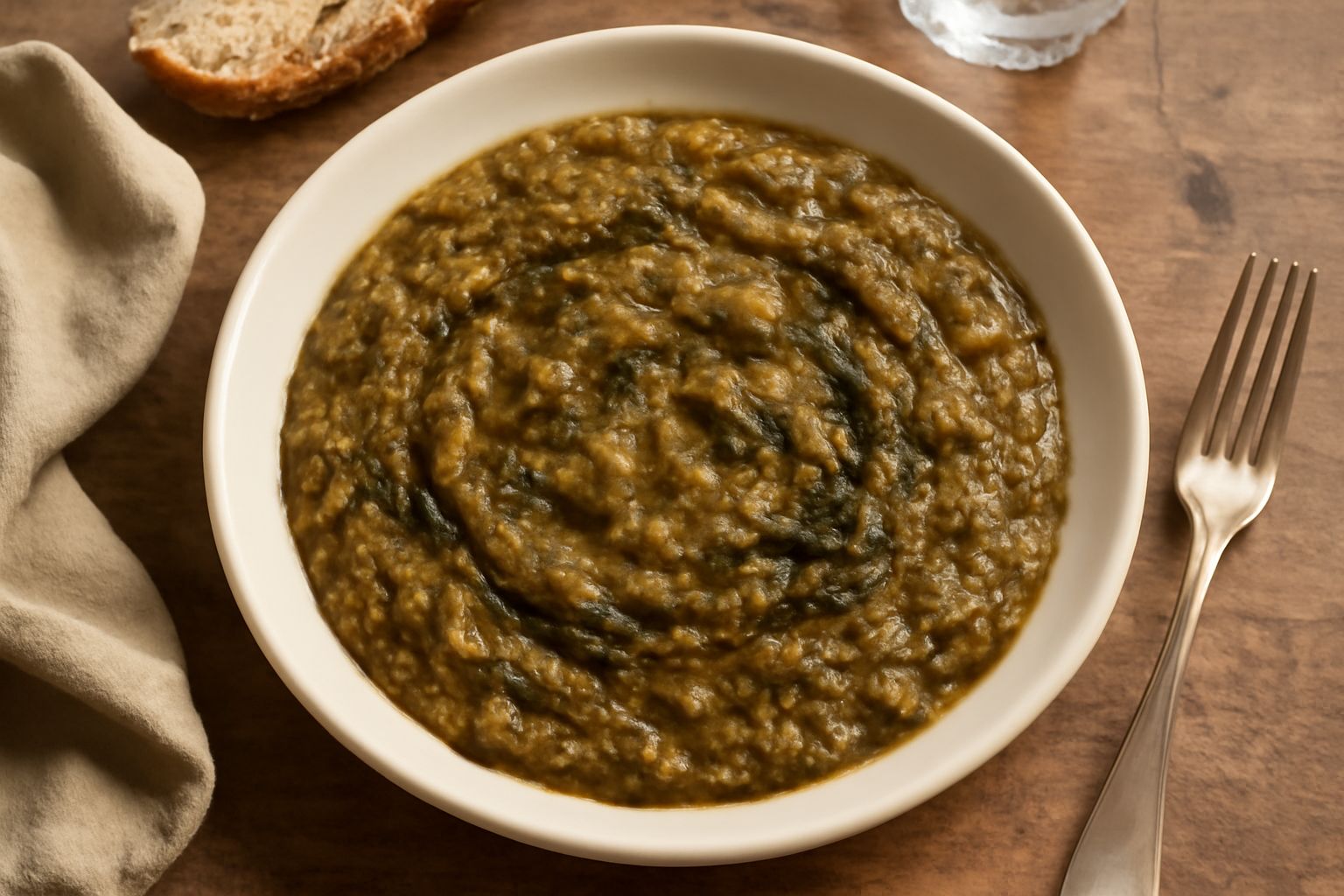 Ciotola bianca con pappa di pane e cavolo cremosa color verde scuro, condita con olio d'oliva dorato, servita con un cucchiaio di legno su tavolo di pietra grigia