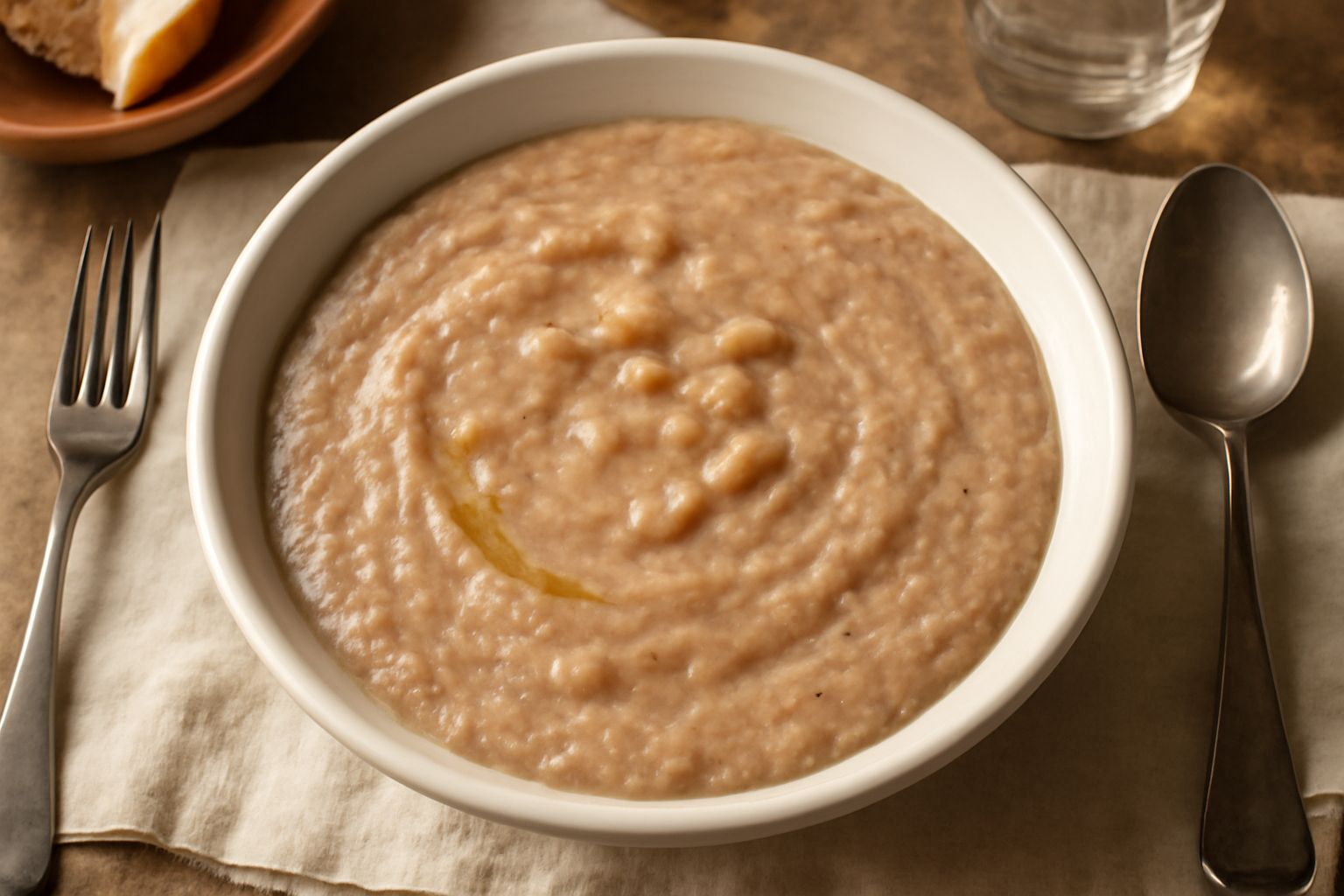 Una ciotola bianca di pappa di pane e fagioli di colore beige-marrone chiaro, cremosa e densa, con le bucce dei fagioli visibili in superficie, guarnita da un filo di olio verde e pepe nero, piatto le