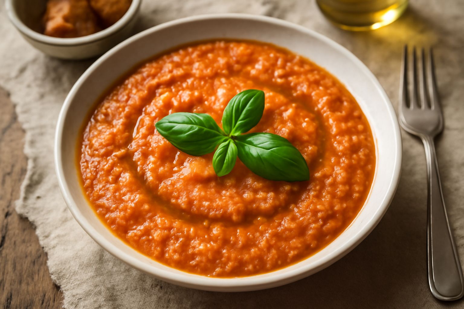 Una scodella di ceramica beige contiene pappa di pane e pomodoro di colore rosso-arancio con consistenza cremosa, con una foglia di basilico fresco e un filo di olio d'oliva in superficie, accompagnat