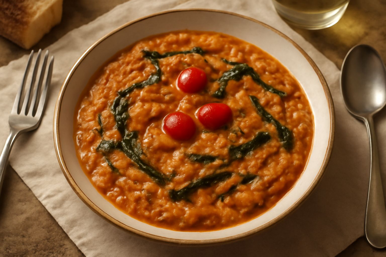 Una ciotola di ceramica bianca con pappa di pane toscana color arancio-rosso, con pezzi visibili di pane, pomodoro e cavolo, finita con un giro di olio verde, in tavolo di legno