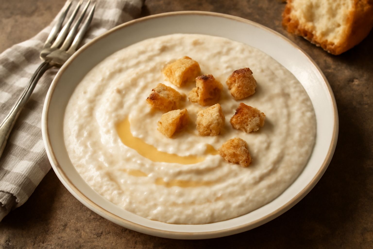 Una ciotola di ceramica bianca contiene pappa di ricotta cremosa color avorio, liscia e omogenea, con piccoli pezzi di pane tostato appena visibili. Un filo di miele dorato scorre dal bordo verso il c