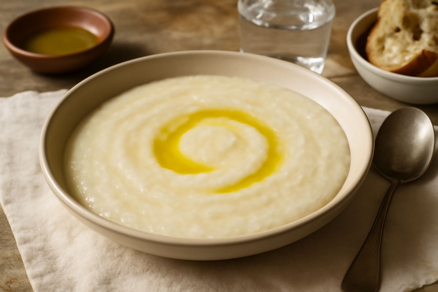 Ciotola di ceramica bianca con pappa di riso cremosa color avorio, superficie liscia e omogenea, filo di olio d'oliva dorato in superficie, cucchiaio di legno appoggiato sul bordo, tavolo di legno chi