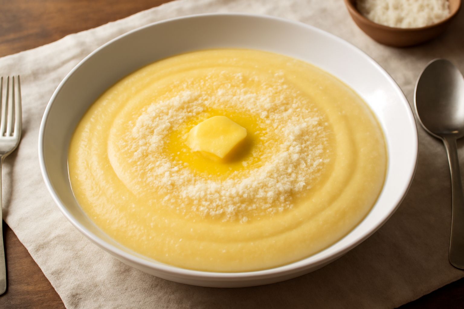 Ciotola di pappa di semola cremosa e gialla, servita in un piatto fondo bianco, con burro fuso in superficie e una spolverata di parmigiano grattugiato fresco