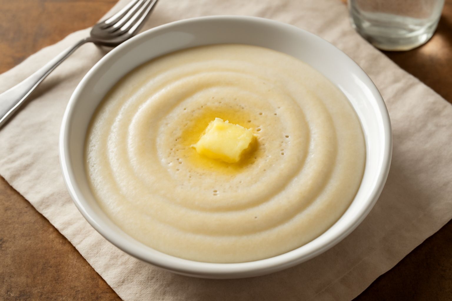 Pappa di semolino beige chiaro in ciotola di ceramica bianca, superficie liscia e cremosa, guarnita con una nocciolina di burro al centro e spolverizzata di zucchero a velo, cucchiaino d'argento al la