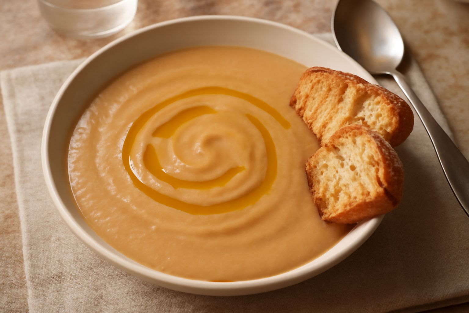Pappa di verdure cremosa e beige in un piatto bianco, con superficie liscia e omogenea, piccole gocce di olio d'oliva in superficie, contorno di pane tostato