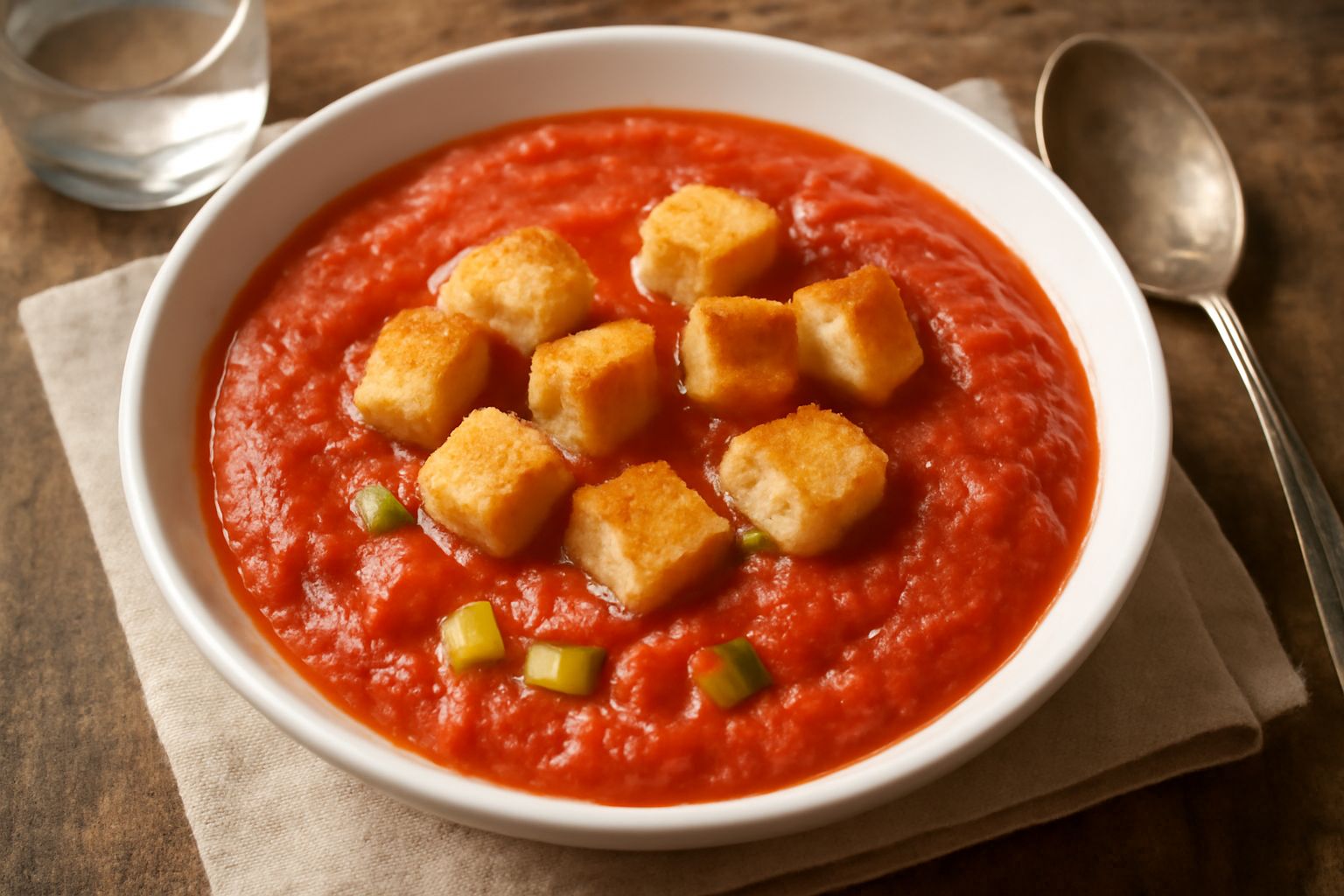 Ciotola di ceramica bianca con pappa fredda densa e cremosa, pomodori rossi frammisti, cubetti di pane tostato ai bordi, fette di cetriolo verde, basilico fresco sulla superficie, accompagnata da un b