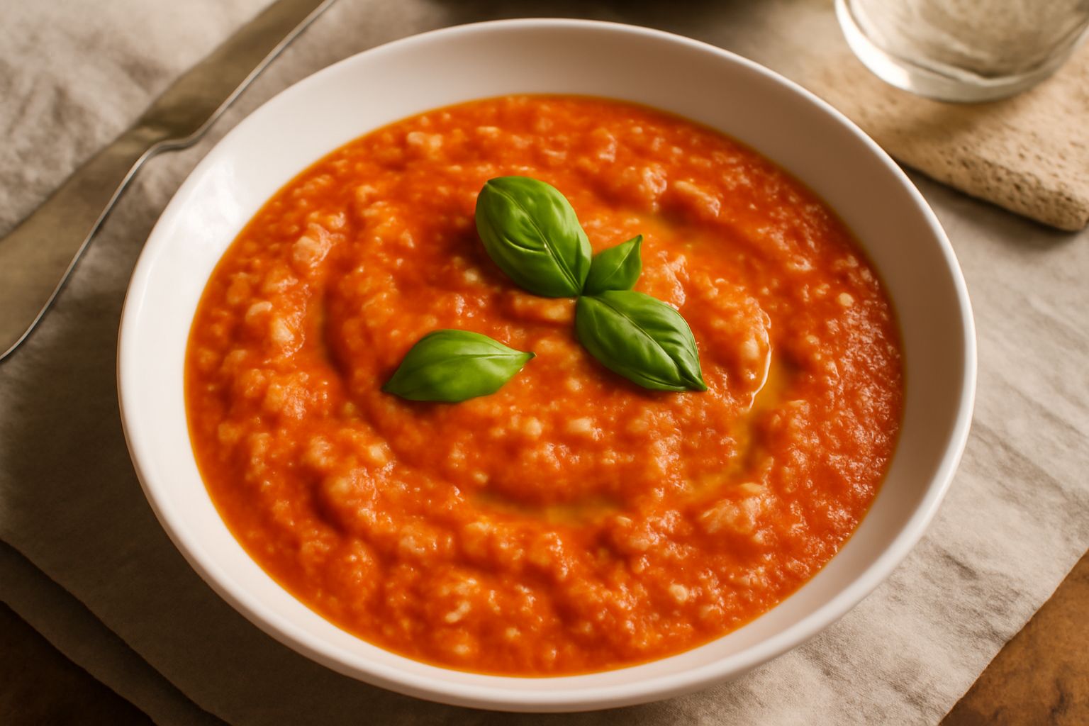 Una ciotola bianca ricolma di pappa fredda di pane color rosso-arancio, densa e cremosa, guarnita con foglie di basilico fresco verde e fette di pane tostato croccante ai bordi, in una cucina illumina