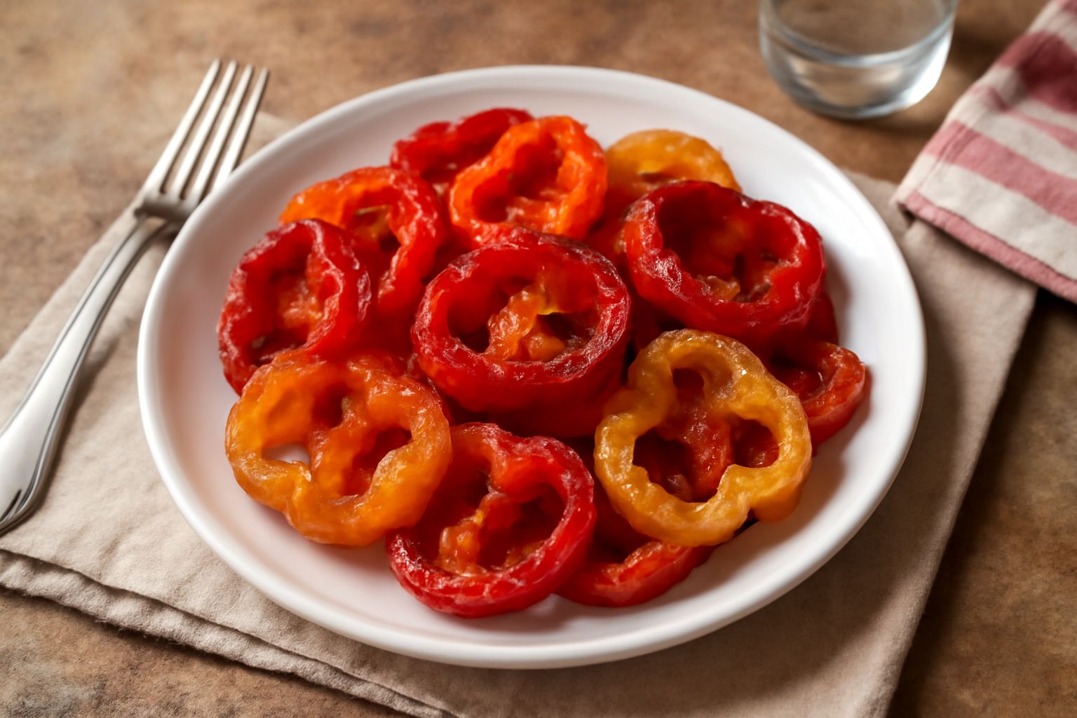 Pappacelle fritte croccanti e dorate in un piatto bianco con peperoni verdi tagliati lunghi, salate e ancora calde dal fuoco